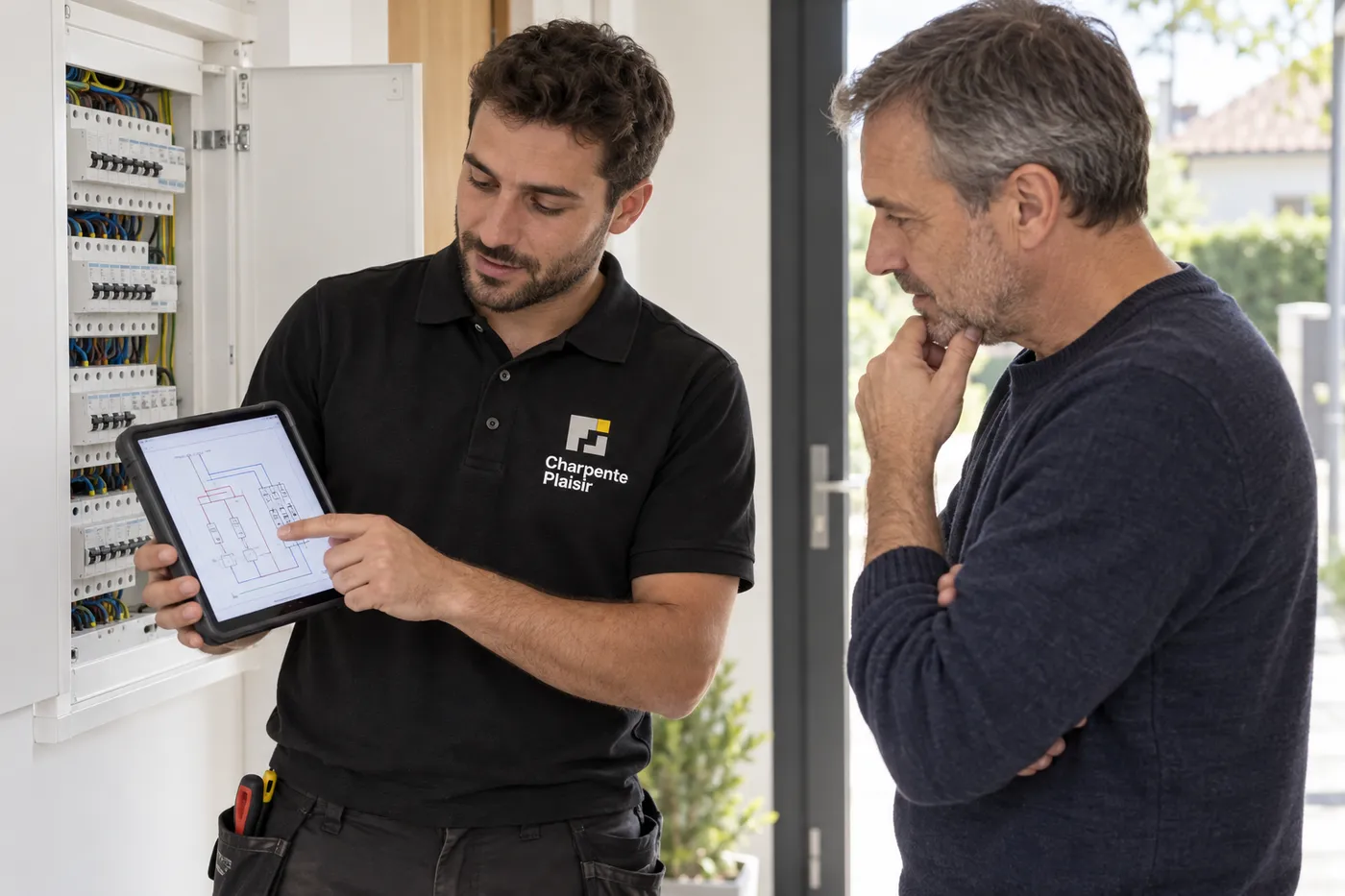 Électricien Charpente Plaisir expliquant sur une tablette l'origine d'une panne à un habitant, devant le tableau électrique ouvert