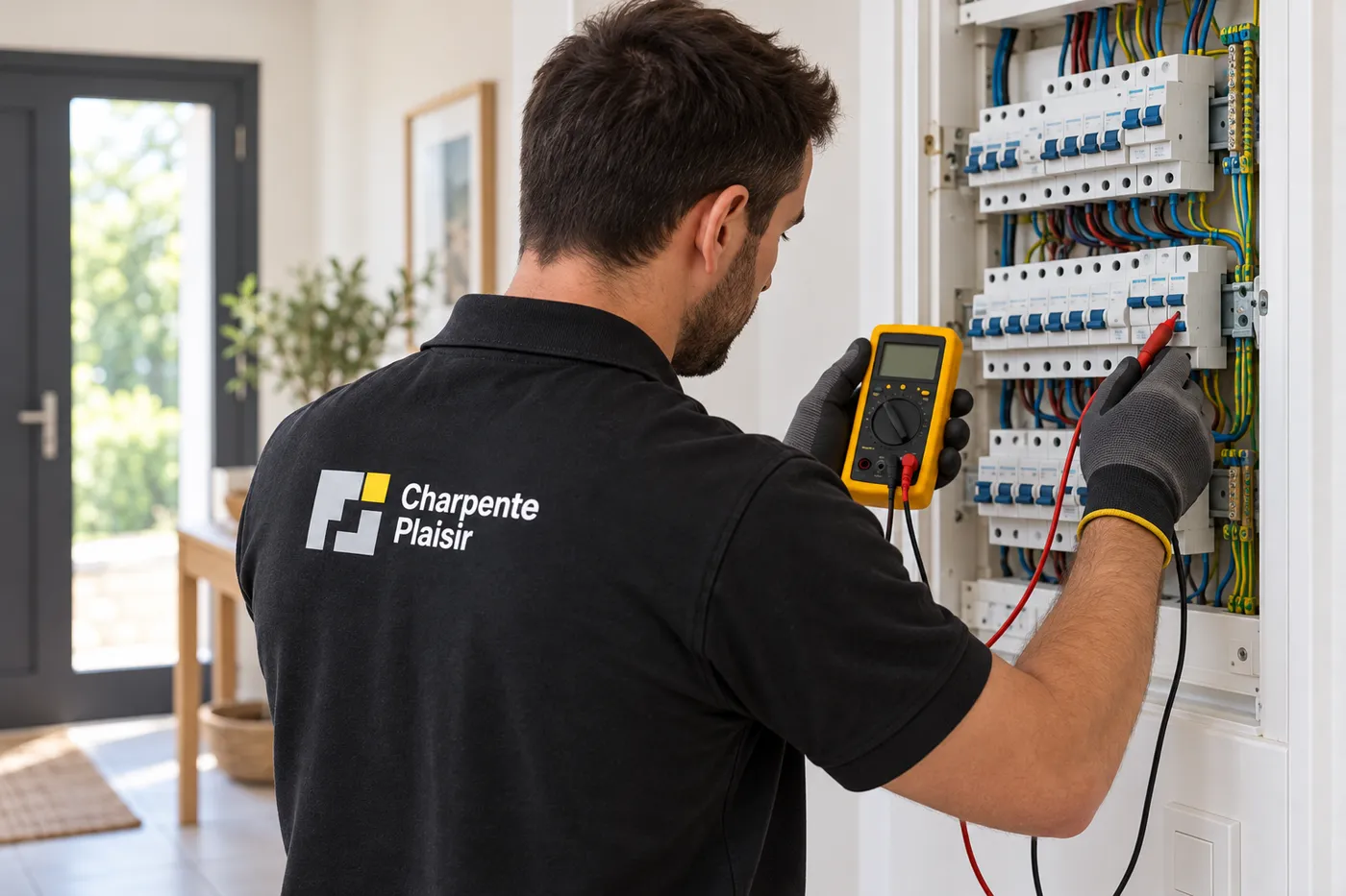 Électricien en polo Charpente Plaisir mesurant au multimètre les départs d'un tableau électrique ouvert, lors d'une recherche de panne à Plaisir
